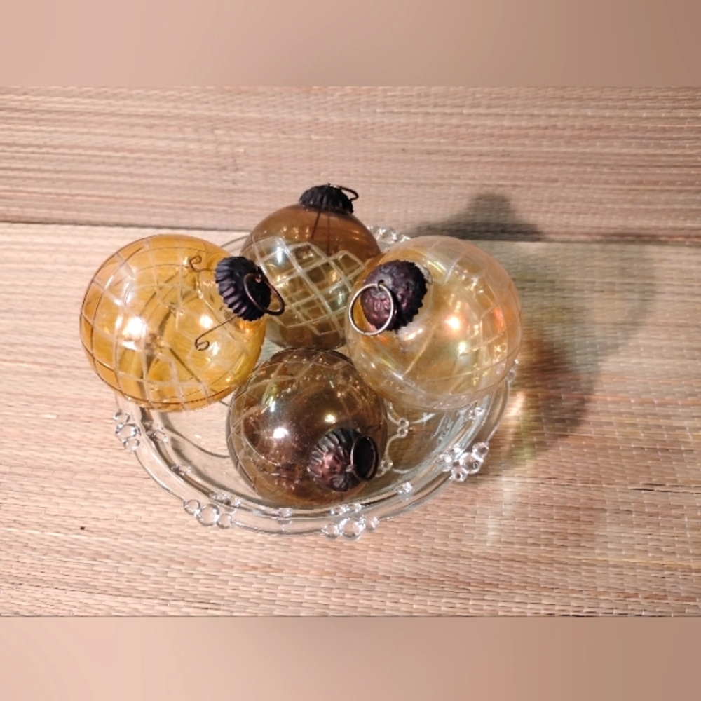 Set of  Vintage Glass Etched Bohemian Kugel Ornaments In glass Bowl